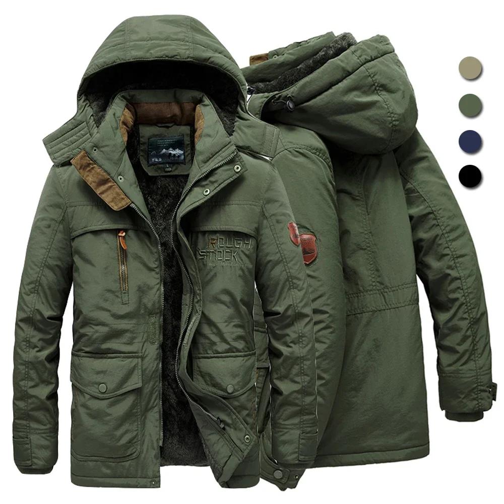 남성용 멀티 포켓 재킷, 플리스 두꺼운 야외 파카, 라지 사이즈 코트, 후드 바람막이, 밀리터리, 두껍고 따뜻한 아우터, 겨울